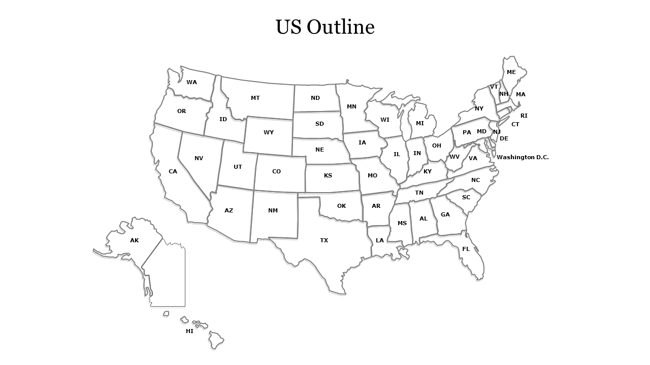 Slide featuring a labeled map of the United States displaying state borders and two letter state abbreviations.