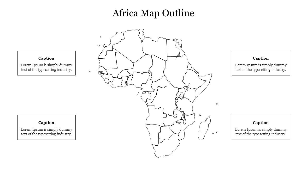 Africa map outline template highlighting geographic regions, featuring four placeholder text boxes on a white backdrop.