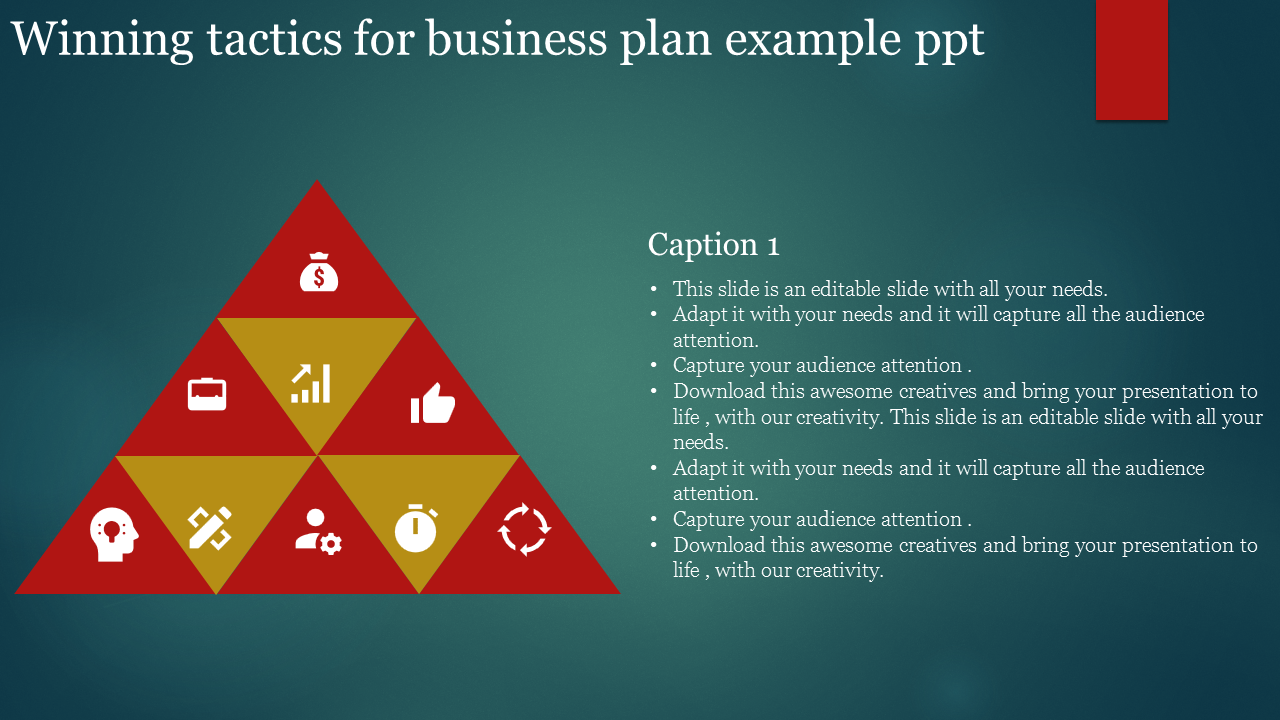 Pyramid diagram with red and yellow triangular sections featuring icons, alongside a caption box on a green background.