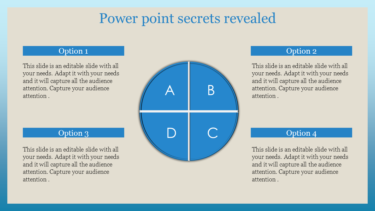 Infographic featuring a central blue circular chart divided into quadrants labeled A, B, C, D, and corresponding text boxes.