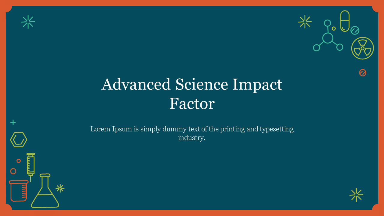 Science themed slide with icons of lab equipment on a teal background with orange border.