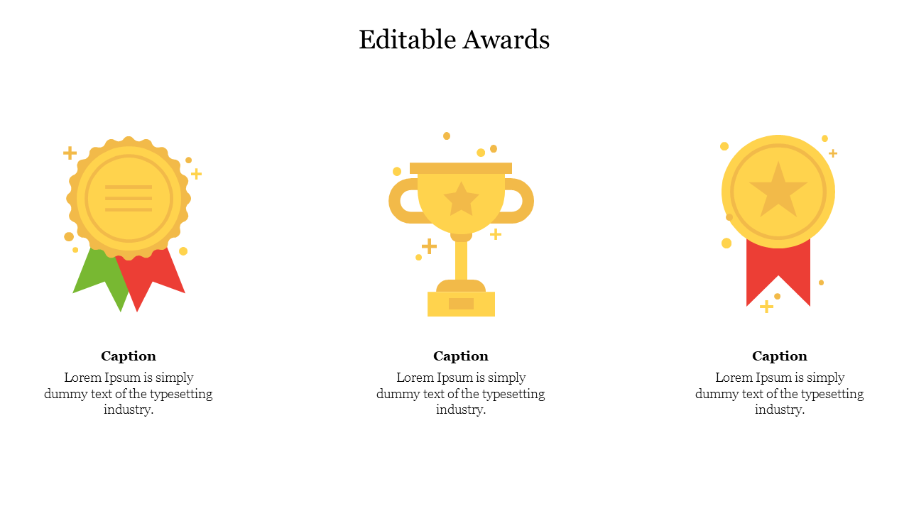 Gold-themed awards medal with red ribbon, trophy with a star, and another star medal with caption areas.