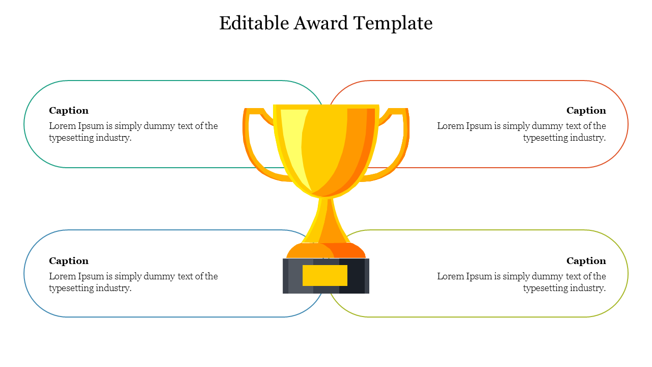 Central gold trophy graphic with four rounded caption boxes in colored outlines on each side of the award.