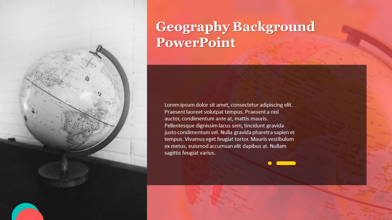 A geography themed PowerPoint slide featuring a globe and placeholder text with an orange gradient overlay.