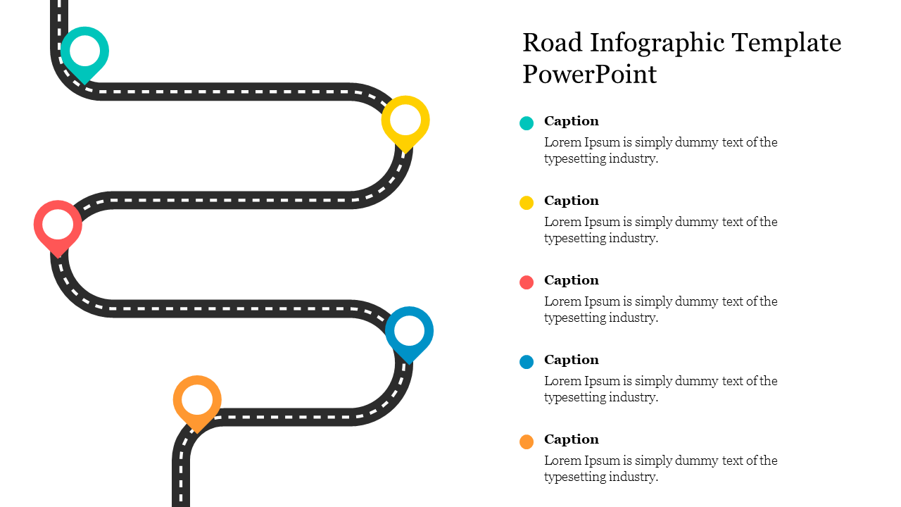 Slide featuring a road infographic with colorful waypoints and placeholders for captions on a white background.