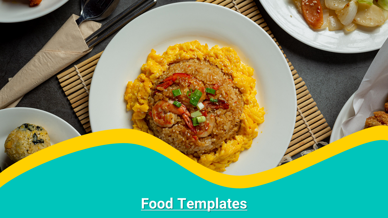 Food templates with an overhead view of a plate of fried rice and various side dishes in the background.