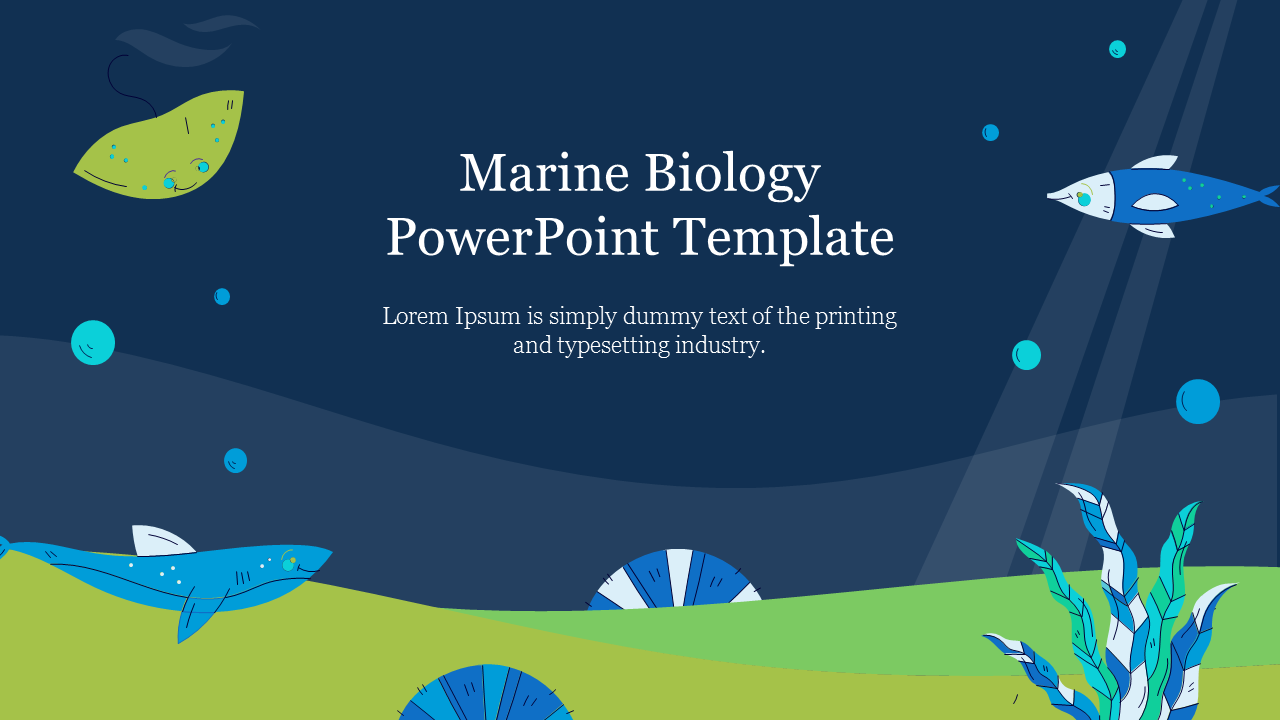 Colorful marine biology slide with ocean creatures and plants on a deep blue sea background with title text.