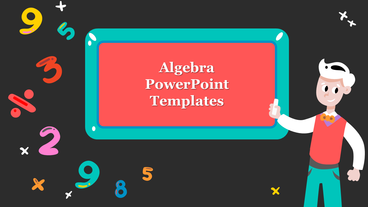 A cheerful cartoon figure pointing at a chalkboard with the text surrounded by numbers and math symbols.