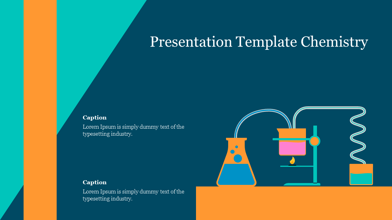 Chemistry lab setup with a flask, burner, and coiled condenser on a teal and orange background.