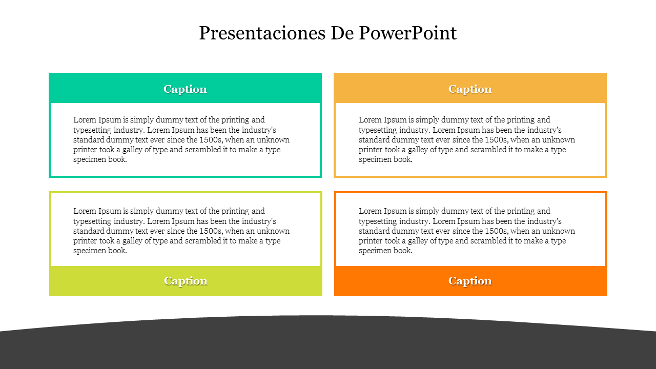 Presentaciones De PowerPoint featuring four colorful boxes with captions and placeholder text.