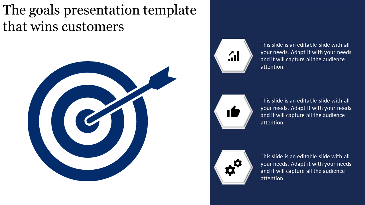 Infographic featuring a bullseye target with an arrow on the left and three hexagonal icons with caption areas on the right.