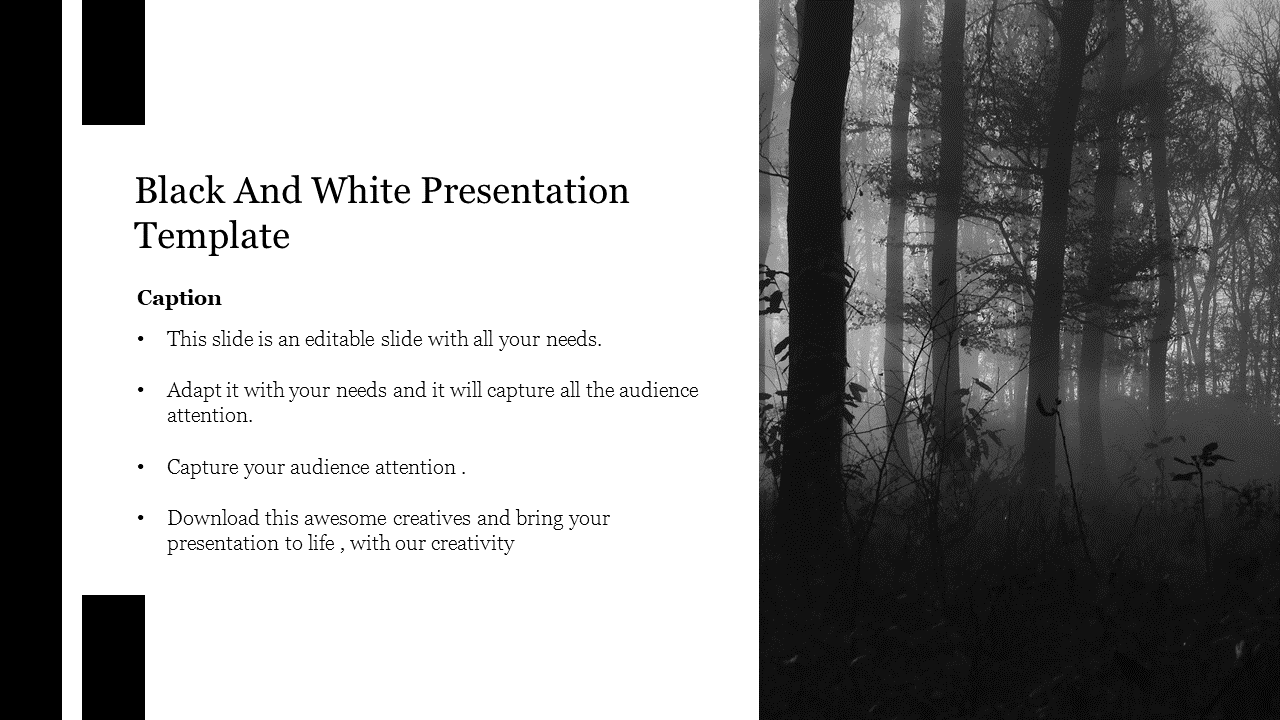 A minimalist black and white slide featuring a foggy forest background and text sections.