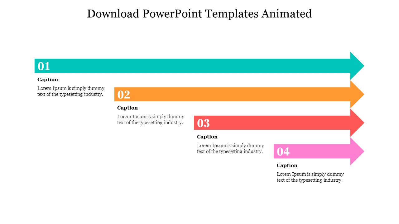 Animated PPT slide with four horizontal arrows in different colors, numbered 01 to 04, each with a caption and description.