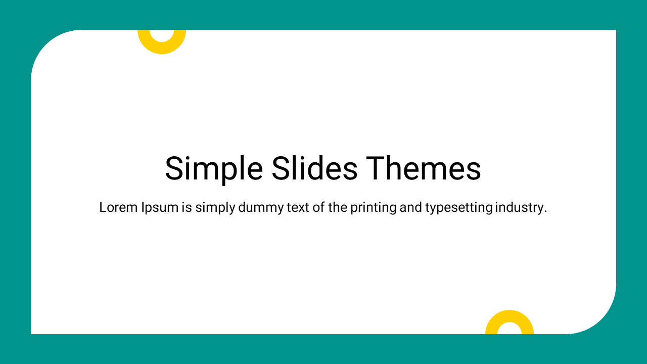 Simple slide with a teal border, yellow circular accents, a title text and caption area in a white center space.