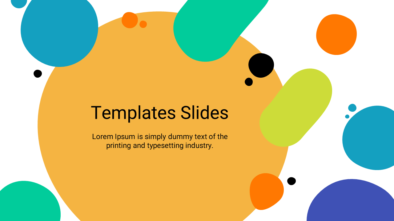 Slide design featuring overlapping geometric shapes in orange, green, blue, and black on a yellow circular text section.