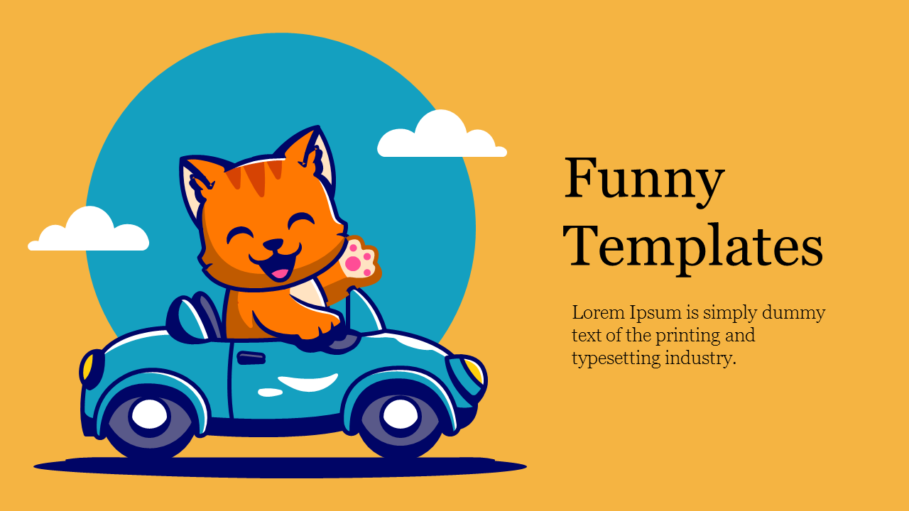 Illustration of a joyful orange cat in a car, with clouds and a blue circular accent, on a yellow background.