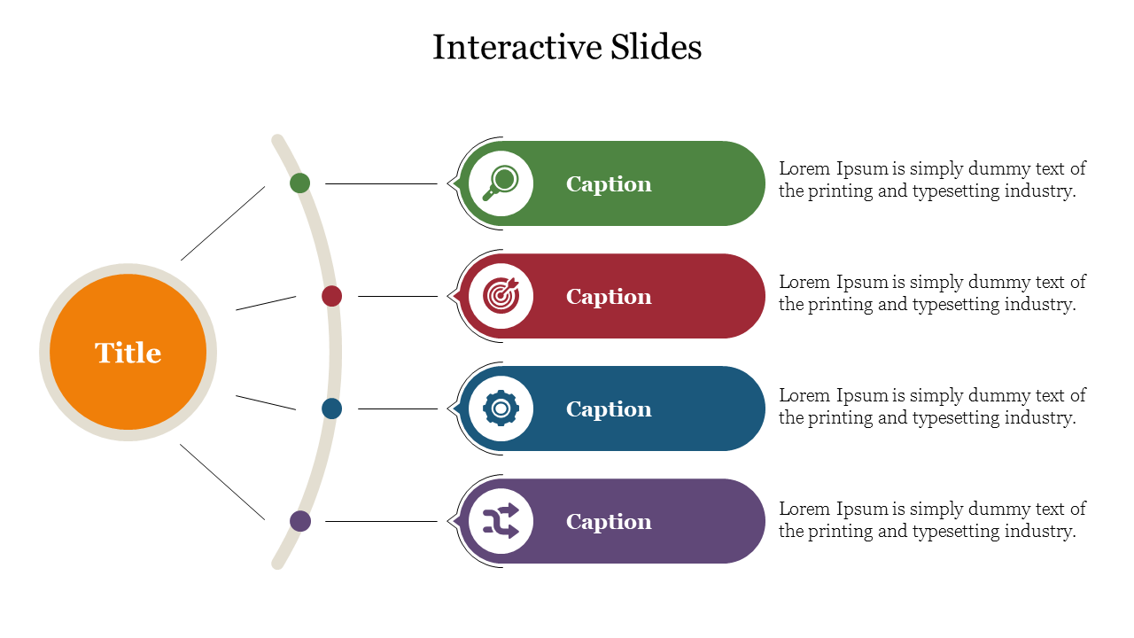 Interactive slide layout with an orange circular title area connected to four colored caption areas featuring icons.