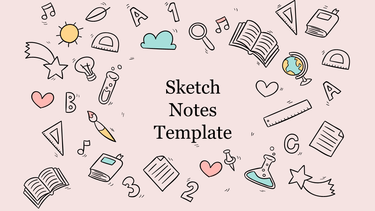 Colorful sketch style icons like books, hearts, and rulers arranged around the title, on a light pink background.