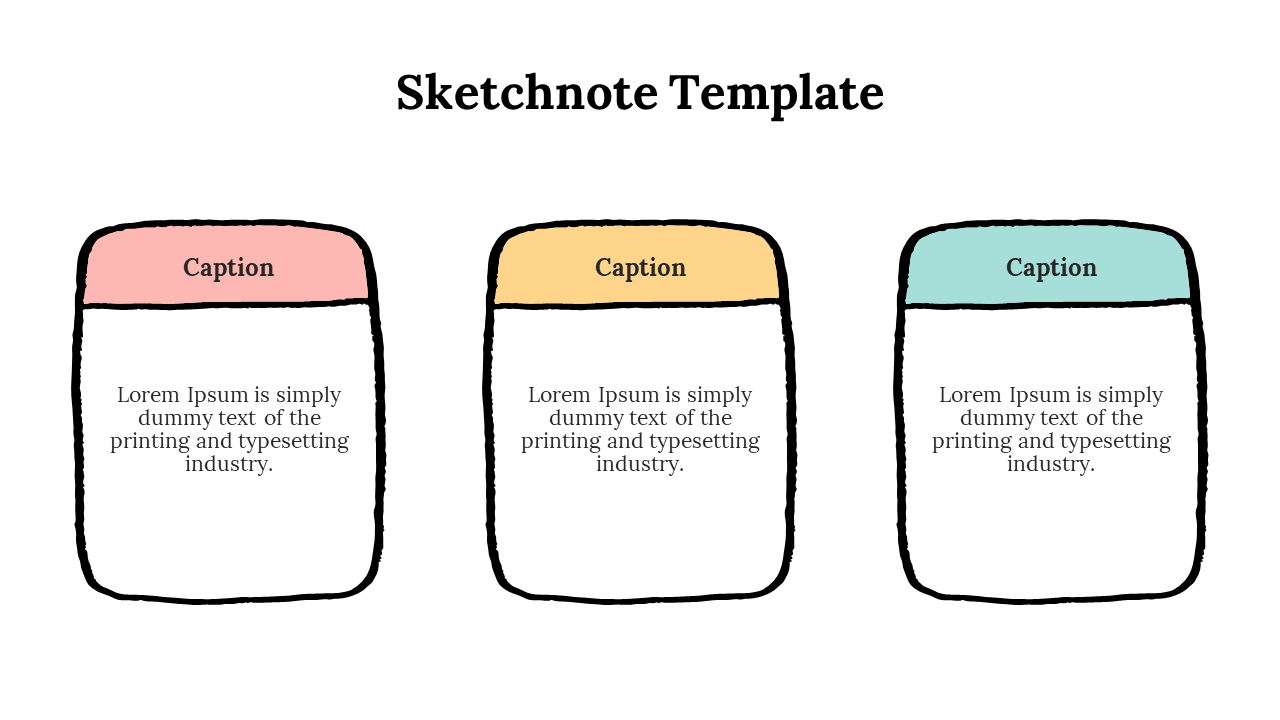 Three hand drawn square shapes with pastel colored headers in pink, yellow, and teal, each containing text below.