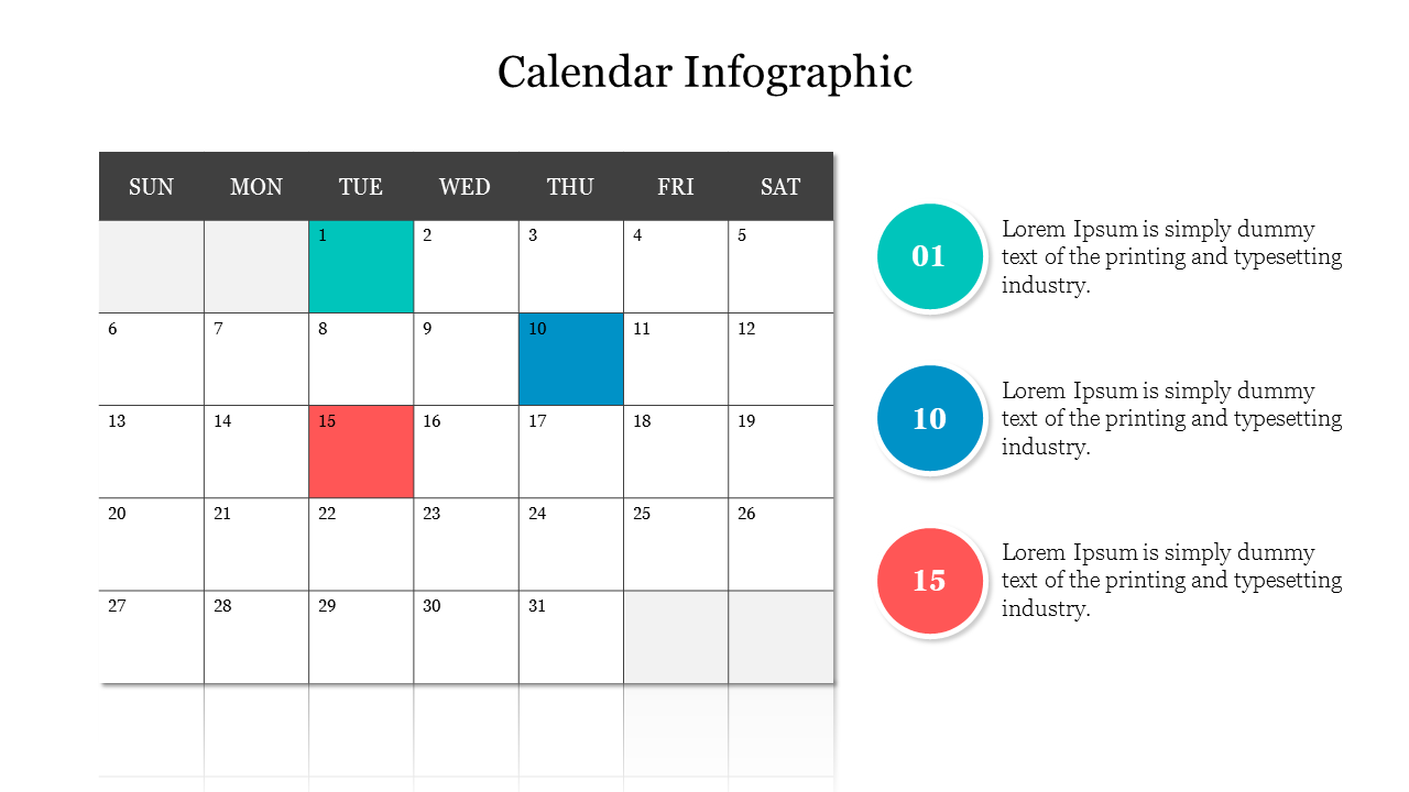 Monthly calendar layout with highlighted dates in red, teal, and blue, alongside three numbered colored circles on the right.