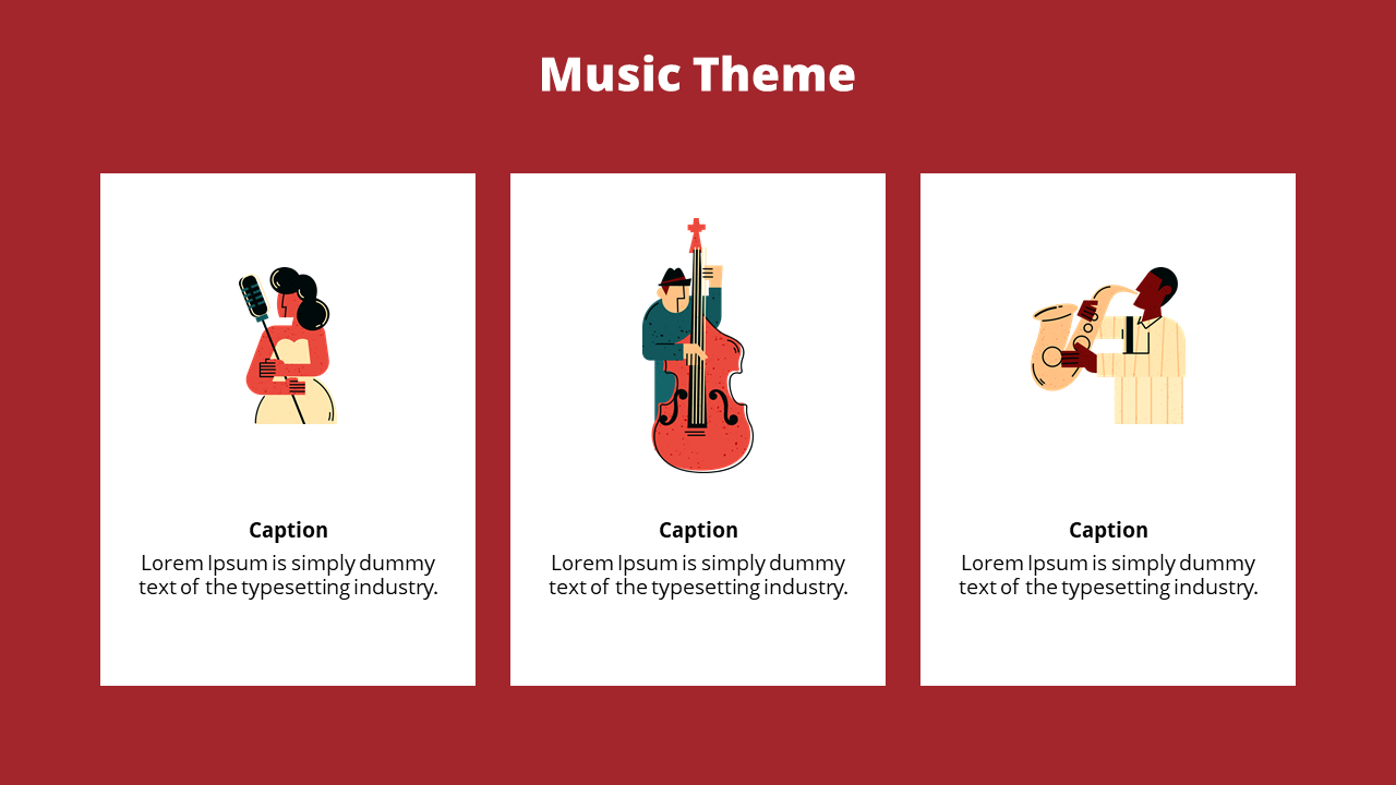 Slide showcasing musicians performing with a microphone, bass, and saxophone, each with caption areas.