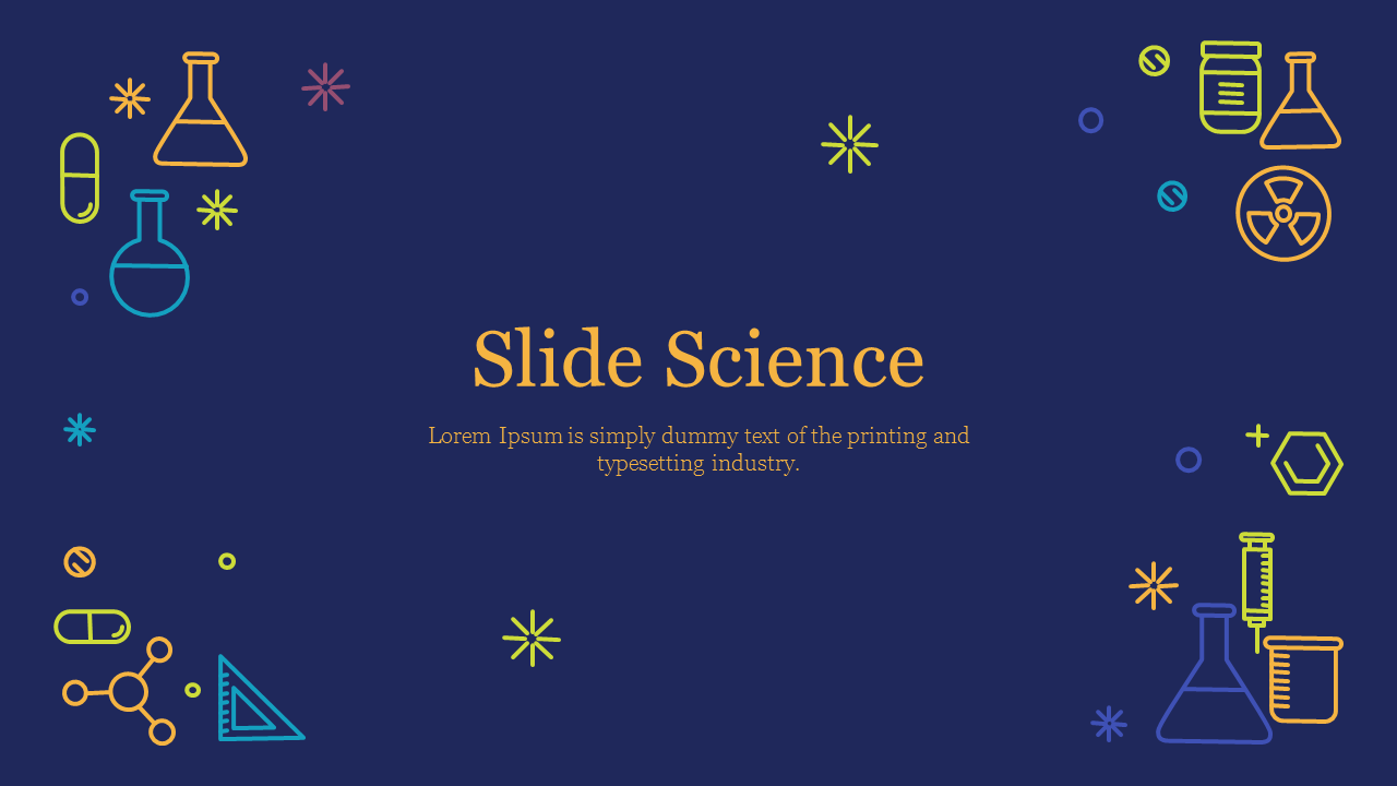 Colorful science themed slide featuring laboratory equipment icons on a dark blue background.