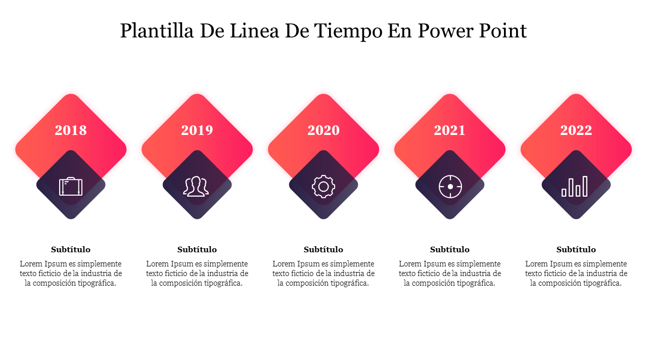 Plantilla de linea de tiempo slide with five red and purple gradient diamond shapes representing different years.