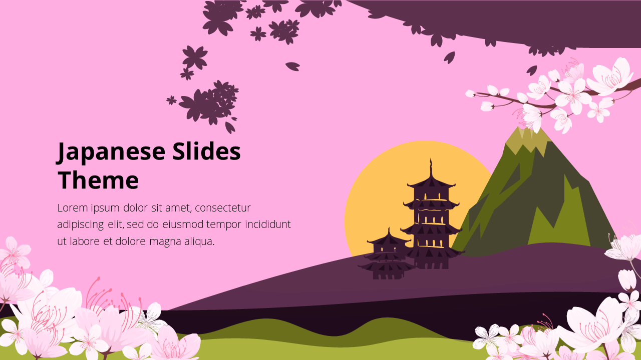 Japanese-themed colorful slide featuring pink cherry blossoms, a traditional pagoda, and a mountain with a sunset background.