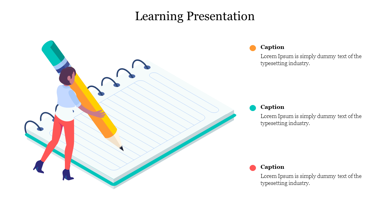 Learning-themed illustration with a person writing on a spiral notebook, alongside three colorful caption sections.