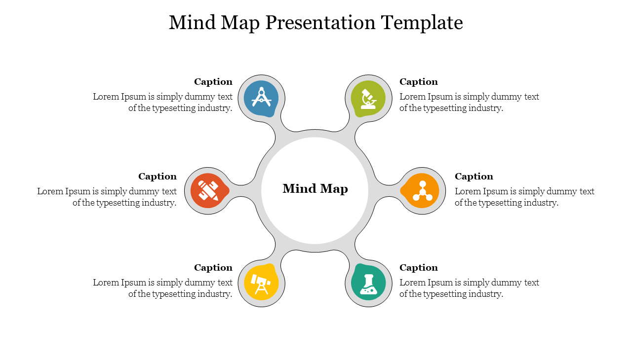 Circular mind map with six color coded nodes around it, each with icons and captions.