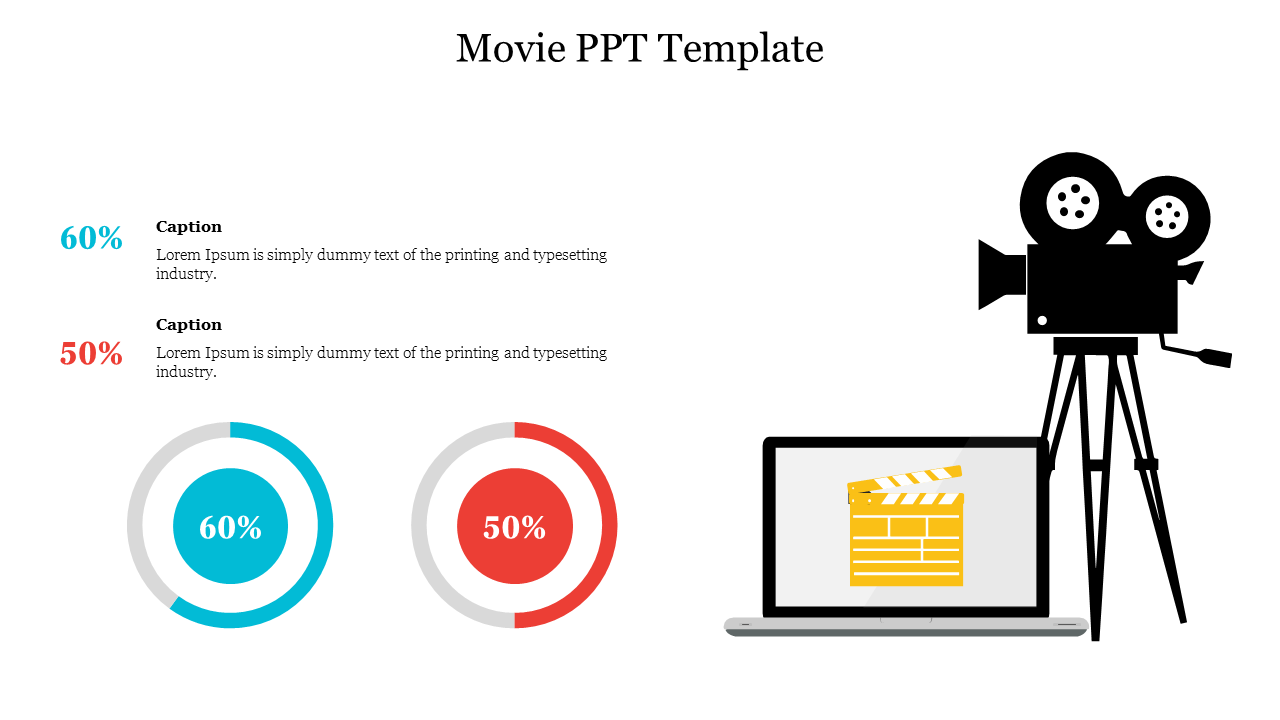 Movie template with pie charts, captions, a laptop showing a clapperboard, and a vintage film camera illustration.