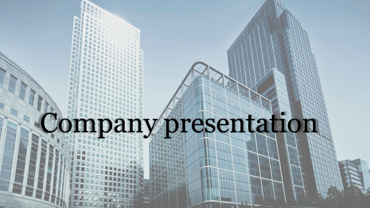 Company presentation slide with a city skyline of modern skyscrapers and reflective glass windows.