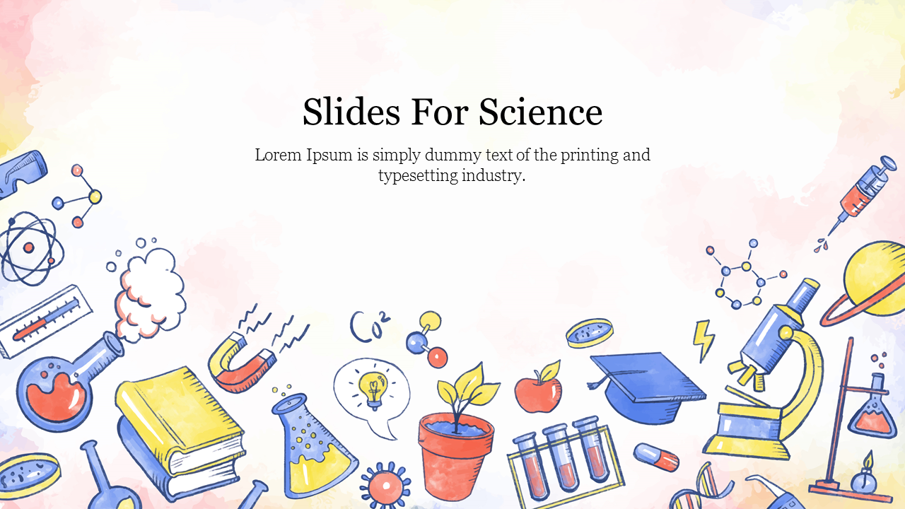 Colorful sketch style slide with scientific icons featuring lab equipment, books, and atoms with a text area.