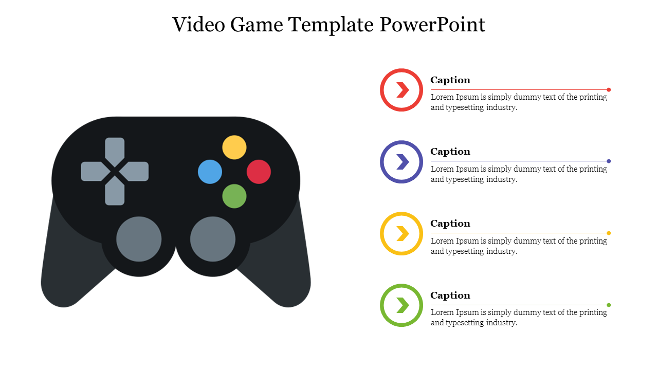 Video game-themed slide featuring a black controller image on the left and four captioned text areas with colored arrows.