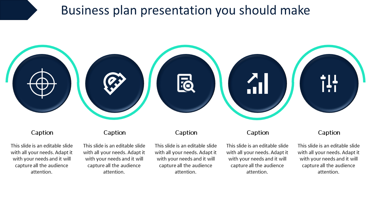 Business plan PowerPoint template featuring icons from target to settings with icons and captions.