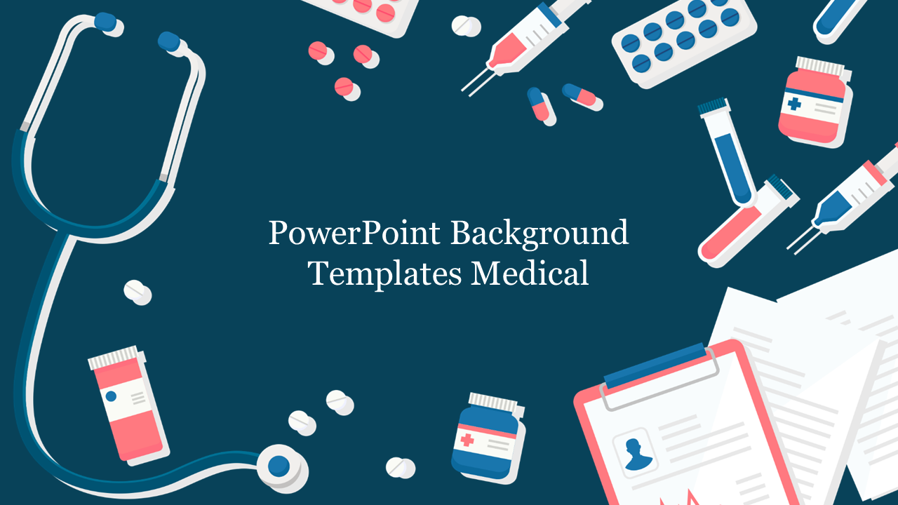 A slide with illustrated medical items including a stethoscope, pills, syringes, and test tubes on a dark blue background.