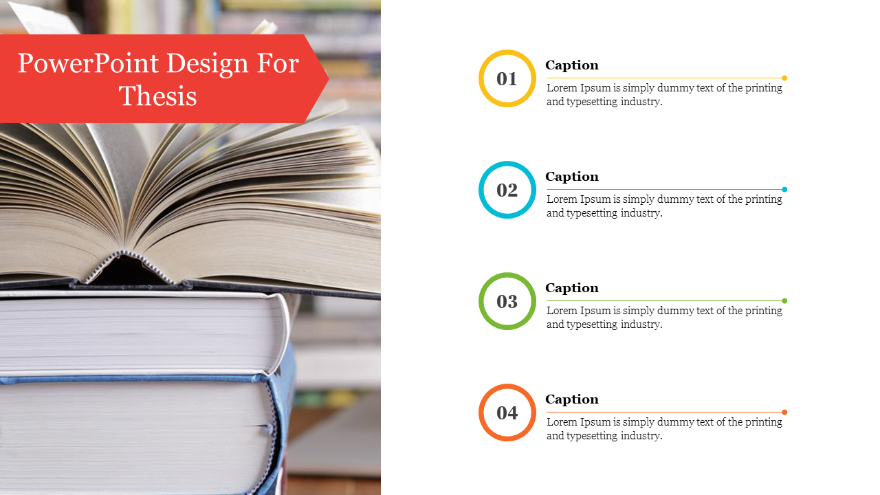 Thesis template featuring an open book with red arrow banner displaying title and four numbered captions on the right.