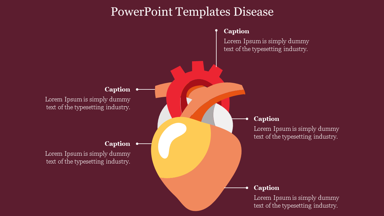 Medical template showing a yellow heart and red gear illustration with five captions around it, on a dark red backdrop.