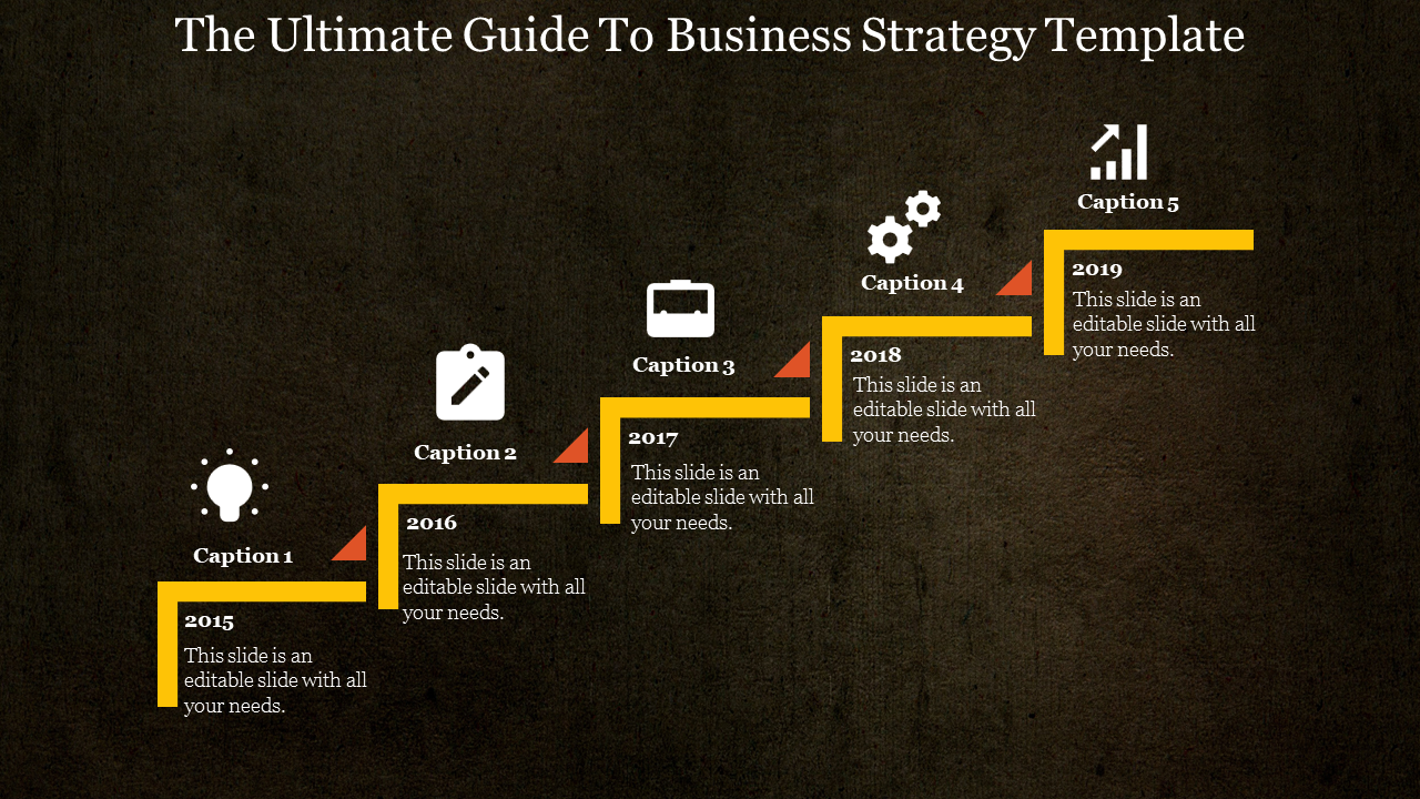 A business strategy slide showing a timeline from 2015 to 2019 with icons for ideas, planning, execution, and analysis.