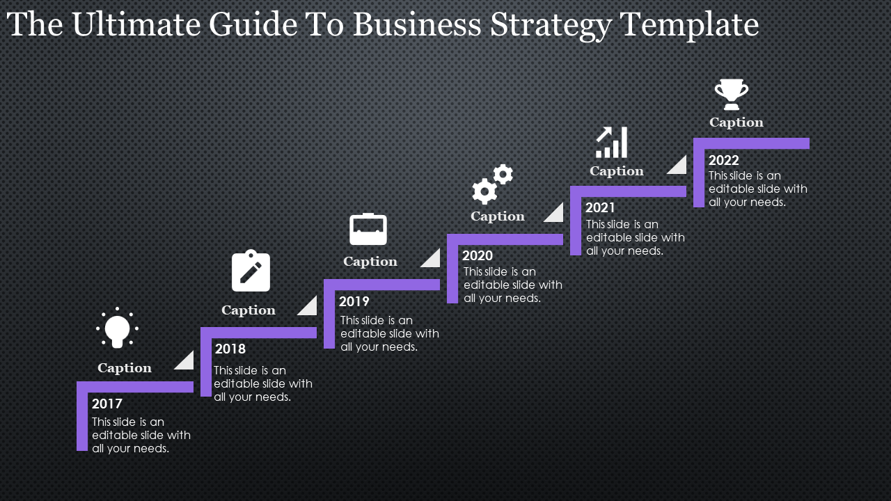 Timeline layout with six purple steps, marking years from 2017 to 2022, each with icons, on a textured dark gray background.