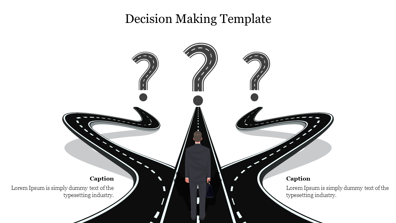 A decision making slide featuring a person at a crossroads with three roads, each leading to a question mark with captions.