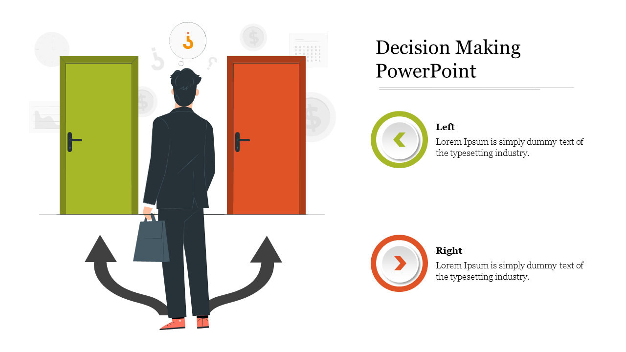 Slide illustrating decision making, featuring a man standing between two doors, one green, and one red, with arrows.