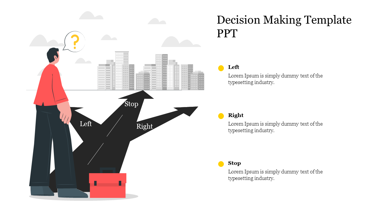 A decision making slide with arrows pointing in different directions and a person in thought with placeholder text sections.