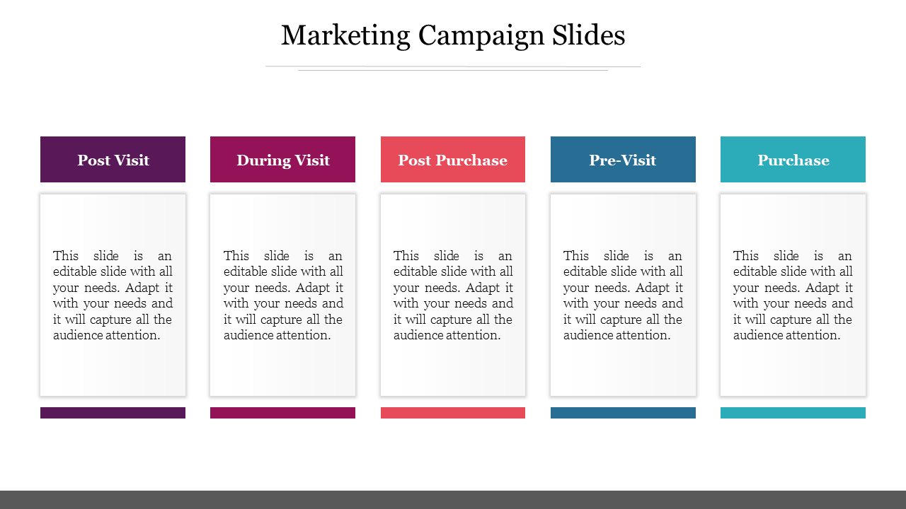 Marketing campaign layout with purple, pink, red, blue, and teal headers on rectangular boxes, containing text.