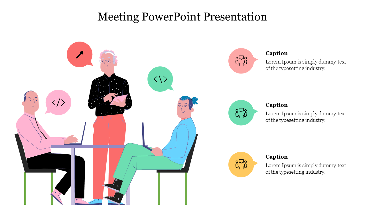 PowerPoint slide featuring an illustration of a team meeting with speech bubbles and code icons with captions.