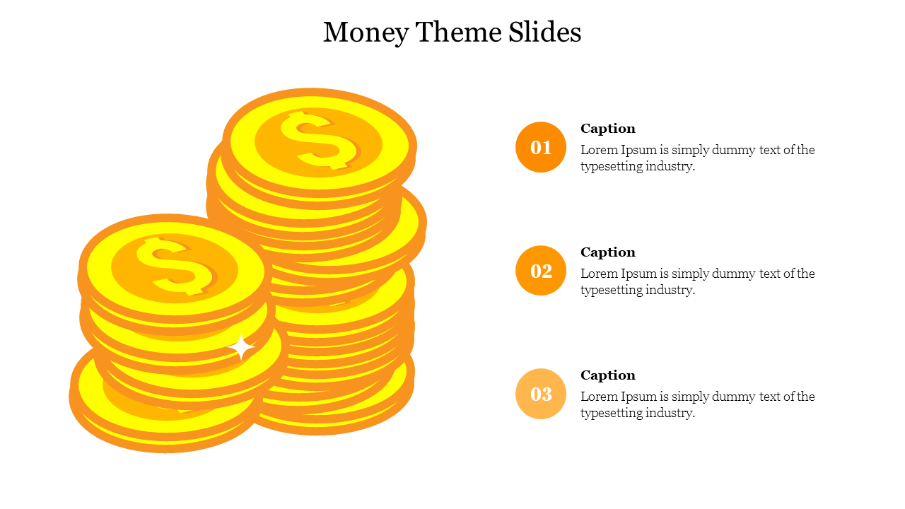 A slide featuring stacked gold coins on the left with three numbered captions on the right, in a money-theme.