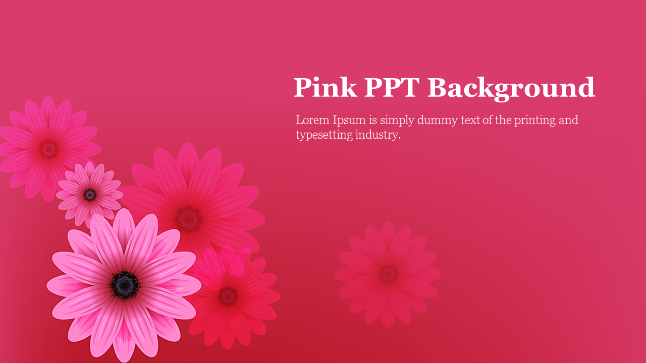 Slide with a pink gradient background and blooming pink flowers in the lower-left corner, accompanied by placeholder text.