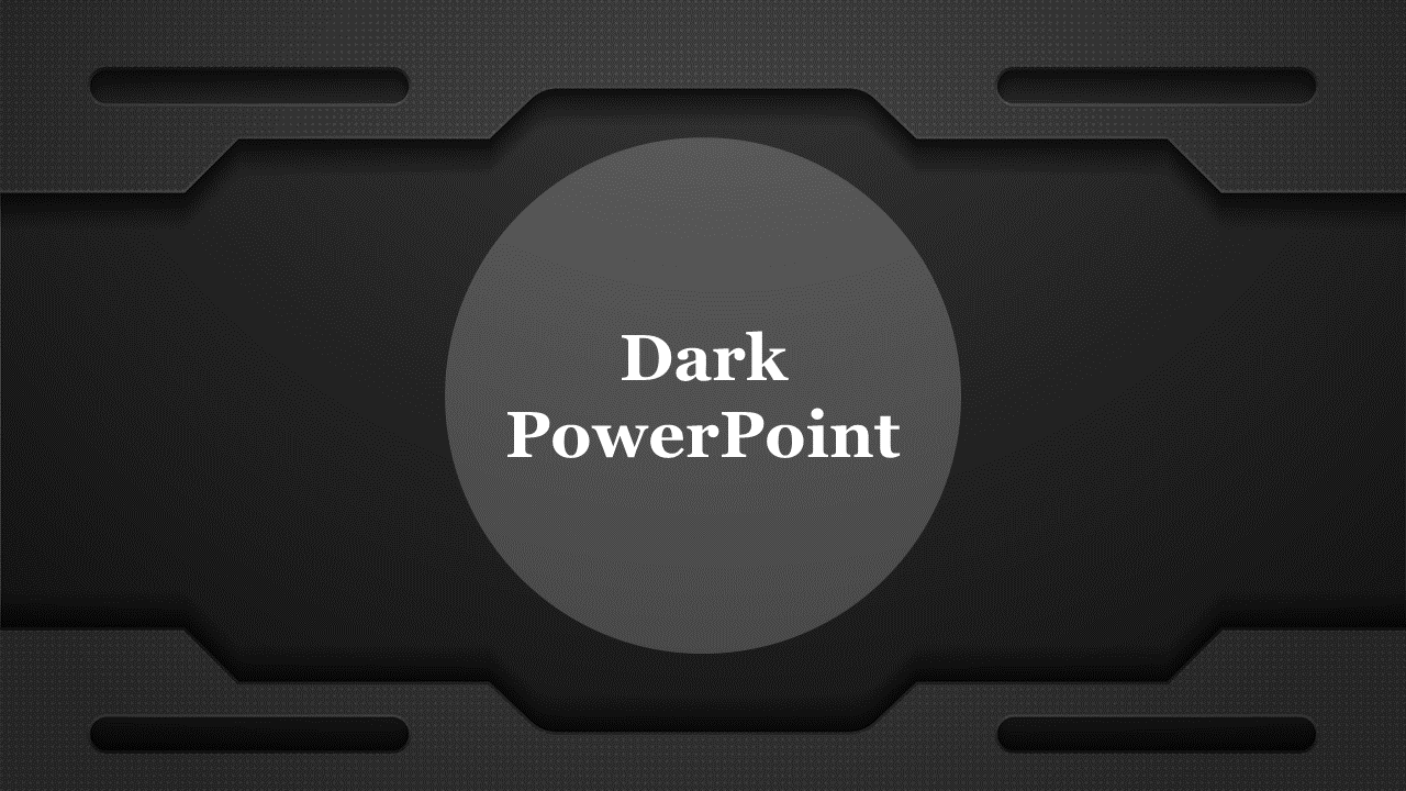 Dark PowerPoint template with a sleek, modern design featuring a circular centerpiece.