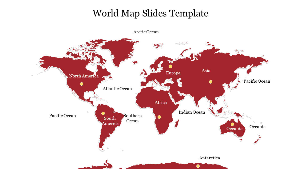 World map in red, showing labeled continents and oceans, set against a white background.