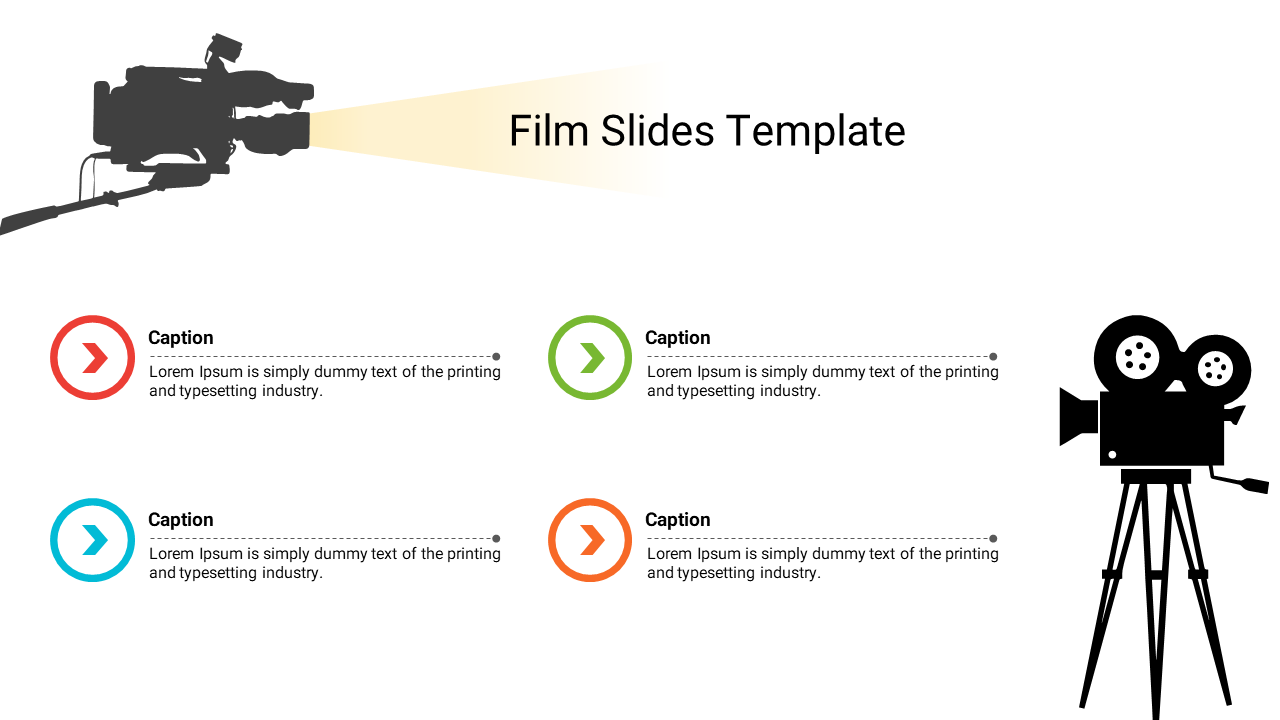 Two film camera graphics in black with four caption areas in red, green, blue, and orange, featuring arrows.